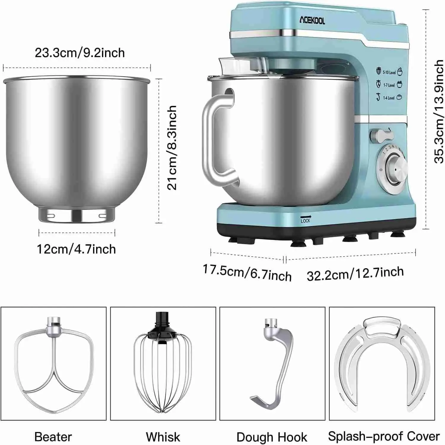 Stand Mixer - 7.5QT Bowl with Handle, 660W Motor, 10-Speed Settings, Tilt-Head Design, Dough Hook, Beater, Splash Guard 6