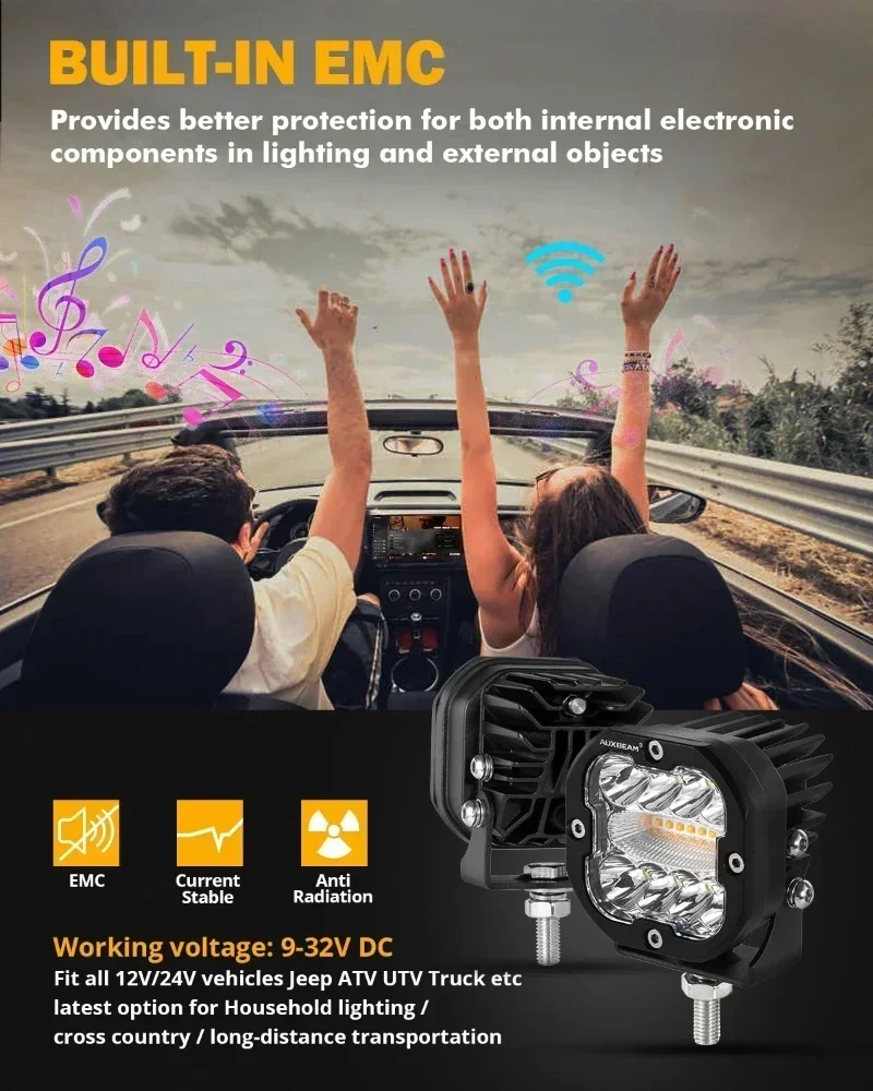 AUXBEAM-96W 3 인치 LED 작업등, 안개 램프 조명 포드, 메모리 기능 포함, 오프로드 트럭, SUV, ATV, UTV, 보트용, 6 가지 모드