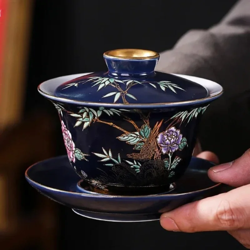 Cobalt Blue Ceramic Tea Cups with Gold Trim - Handmade Kung Fu Tea Set, Zen Ceremony & 6-Piece Gift Box for Home & Gifts