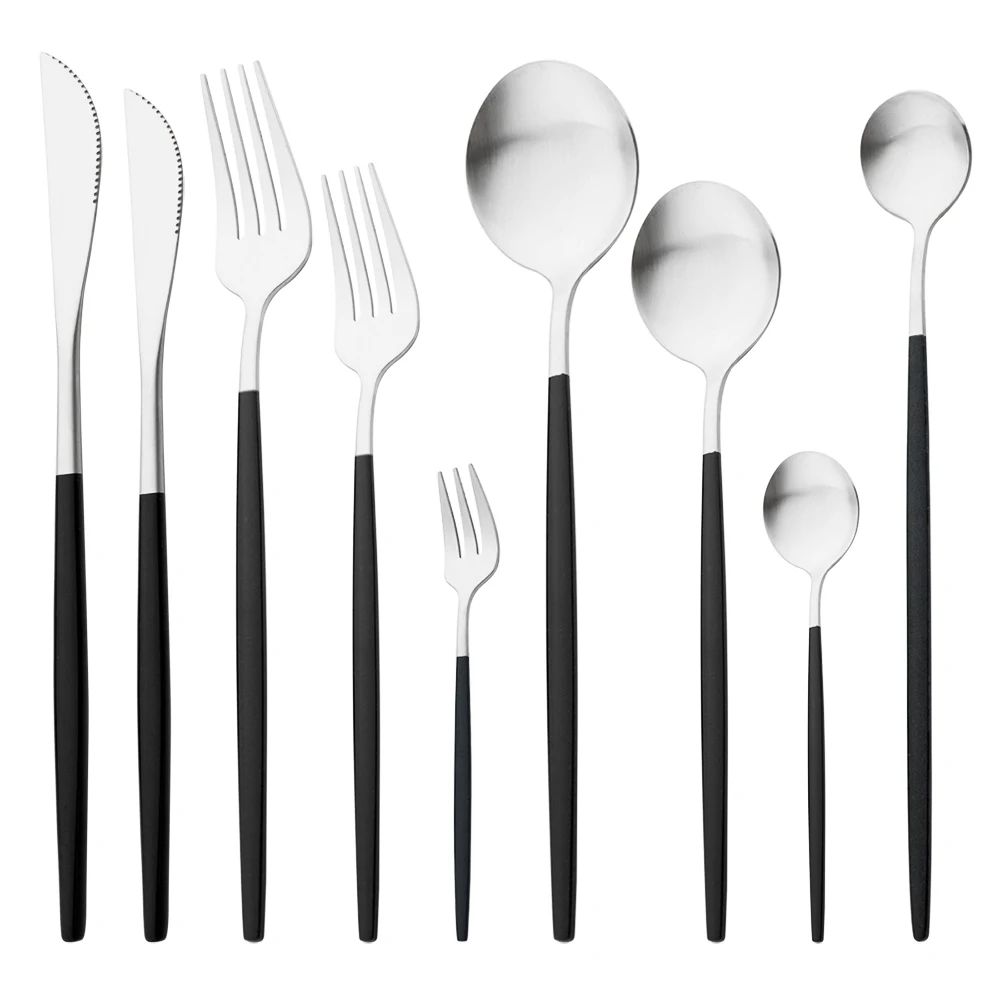 Drmfiy Dinnerware Knife Dessert Fork Coffee Spoons Tableware Cake Fork 1pcs Stainless Steel Cutlery Flatware Set Black Silver