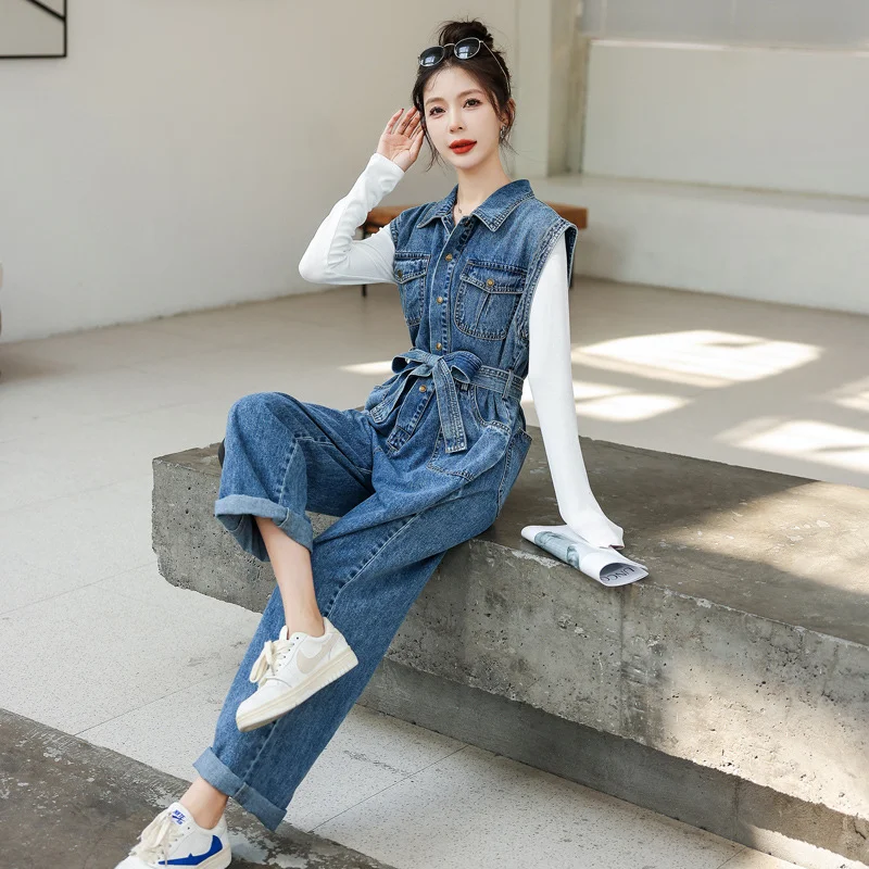 Sleeveless Denim Jumpsuits Women 2023 Autumn Playsuits Simple Elegant Lapel Drawstring Slim Fashion Trend Loose Straight Jeans