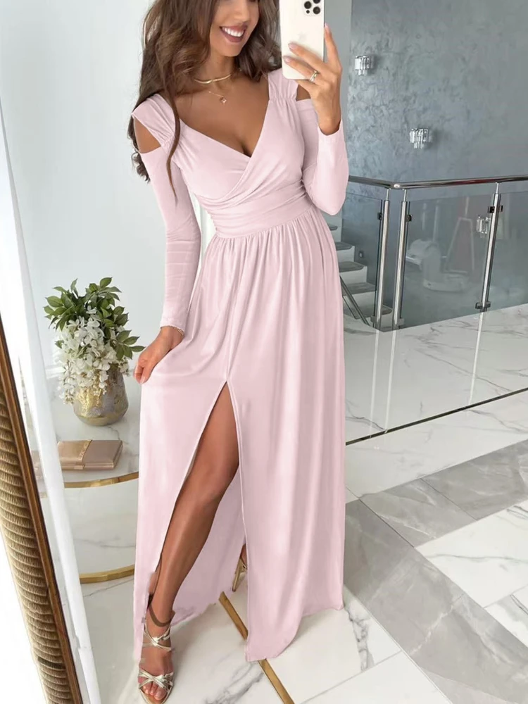 New Spring and Summer V-neck Long-sleeved Women's Off-the-shoulder Waist Dress Fashion Elegant Solid Color Hem Split-ended Dress