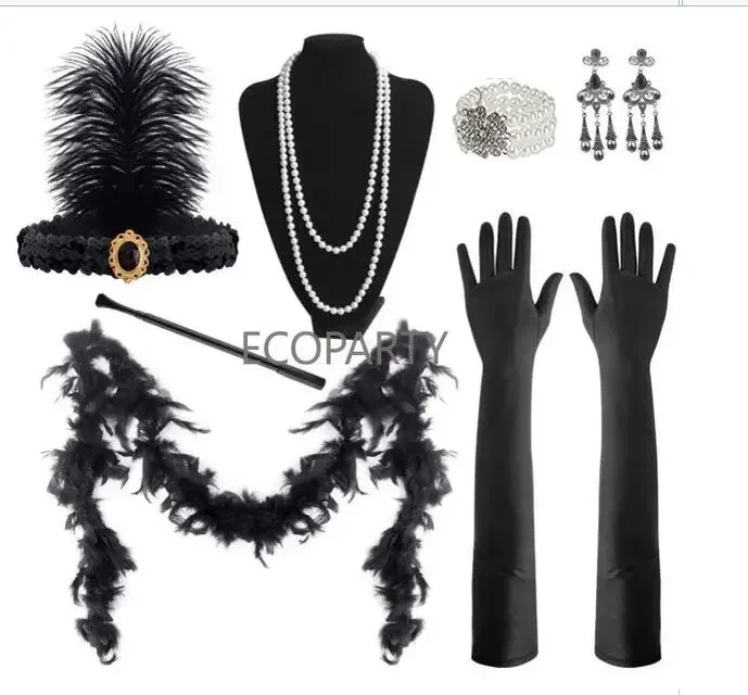 Set Accessori Flapper Anni 20 – Fascia Bracciale Perle E Guanti, Costume Gatsby Per Donna E Ragazza
