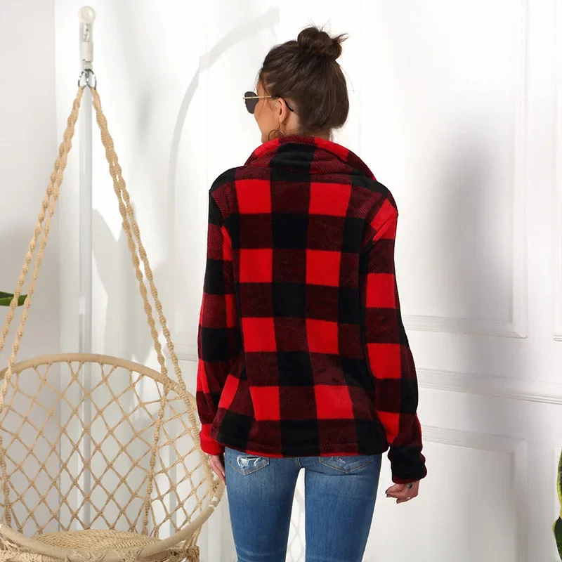 Big Checkerboard Pullover Sweatshirts Women Lapel Half Zip Up Loose Casual Pullovers with Big Pocket Long Sleeve Autumn Clothing
