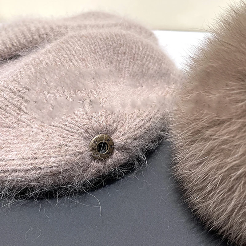 2023 Real Natural Fur Pom Poms for Hats Angora Rabbit Fur Winter Hat for Women Knit Beanies Designer Hat Female Warm Soft Cap 5