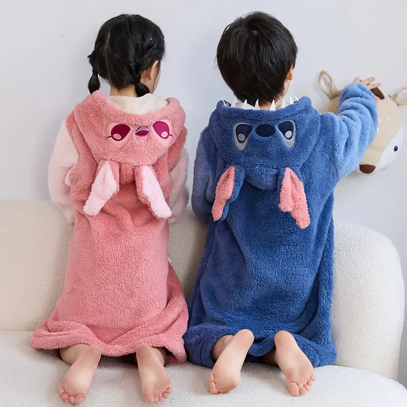 Angel and Stitch Hooded Pajamas Baby Boy Girls New Autumn Winter Children Thickened Warm Coral Fleece Robe Nightgown Clothing