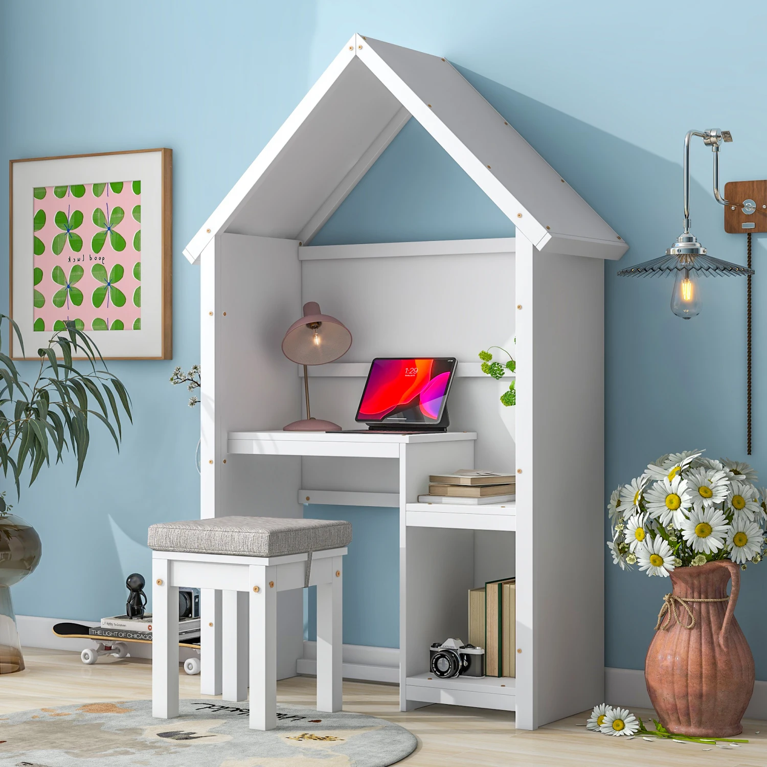 

House-Shaped Kids Desk with Cozy Cushion Stool in White, Stylish House-Style Desk and Stool Set for Children, Modern White Desk