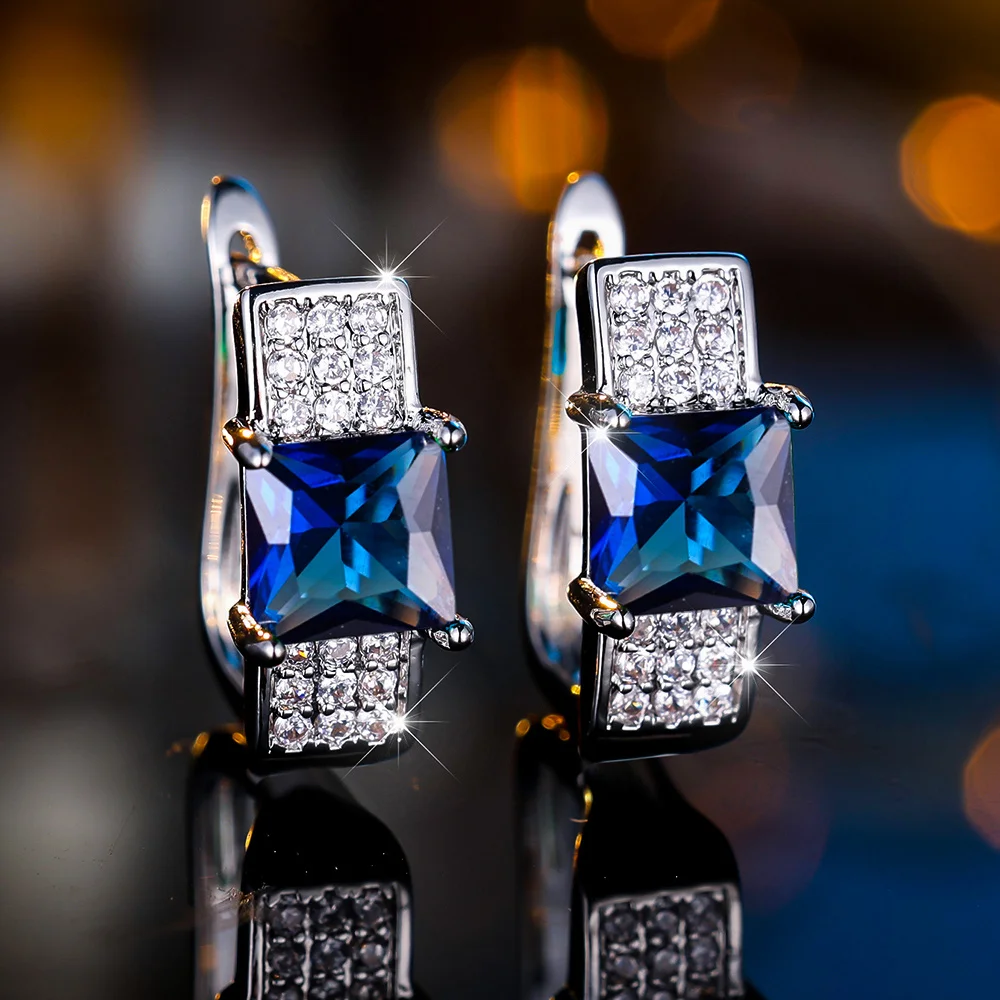 Cute Square Blue Zircon Green Stone Hoop Earrings For Women Charm Female Silver Color Wedding Jewelry Gift