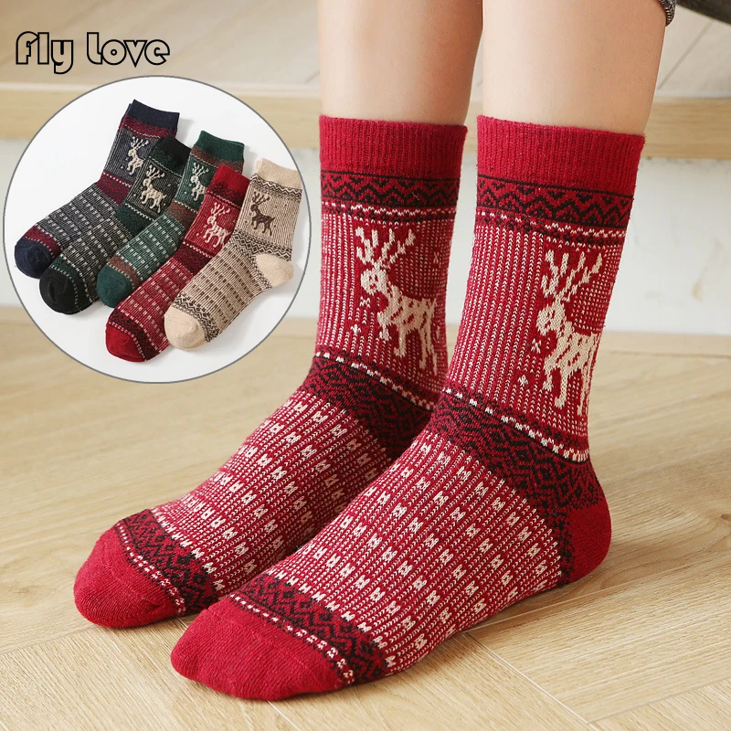 

5 Pairs Women Winter Wool Socks Thick Warm Soft Middle Tube Fashion Animal Christmas Deer Elk Pattern Colorful Crew Socks