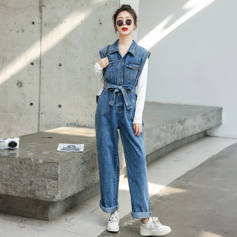Sleeveless Denim Jumpsuits Women 2023 Autumn Playsuits Simple Elegant Lapel Drawstring Slim Fashion Trend Loose Straight Jeans
