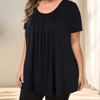 [Elegant Plus Size Blouse] Lightweight Polyester Women's Casual Crew Neck Short Sleeve Blouse, Plus Size | Solid Color, Subtle S