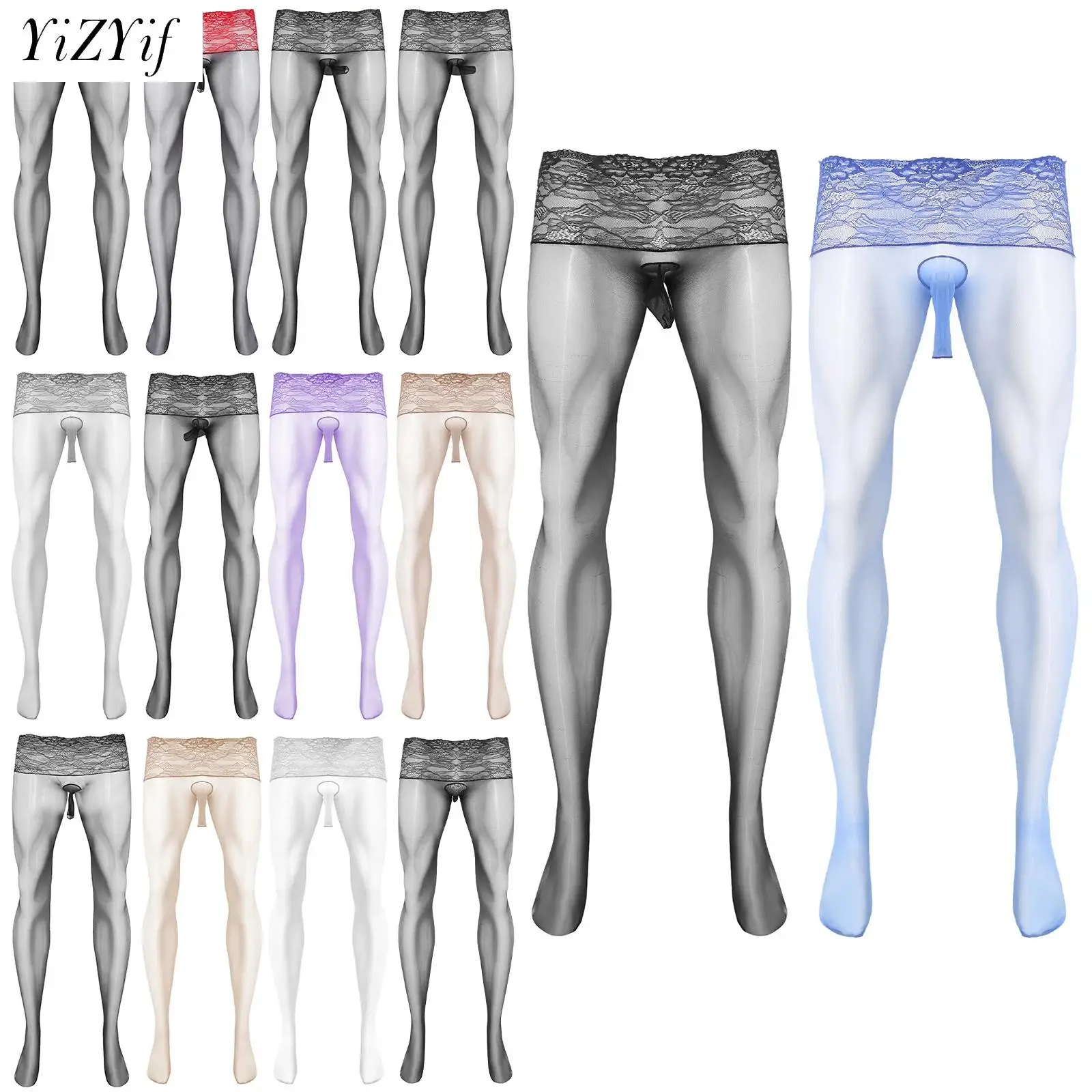 Ultra-thin See Through Mens Tights Floral Lace Silk stockings for Men Penis Pouch Sheath Underwear New sexy Footed Bodystcokings