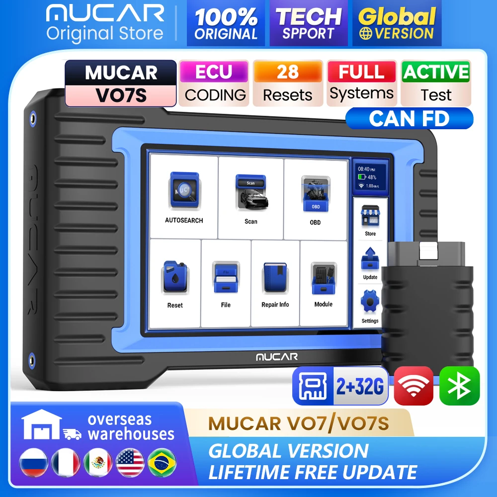 Escáner de Diagnóstico OBD2 MUCAR VO7S, Herramienta de Diagnóstico CAN FD, Diagnóstico Completo del Sistema, 28 Funciones de Reinicio, Codificación de ECU y Bidireccional, Actualización Gratuita para Automóviles