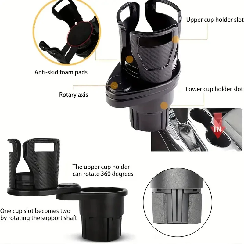 Cup Holder Expander 1PC Car Cup Holder Expander 360&deg; Rotatable Dual Drink Holder All-Purpose Fit Most Cars Durable Plastic Material