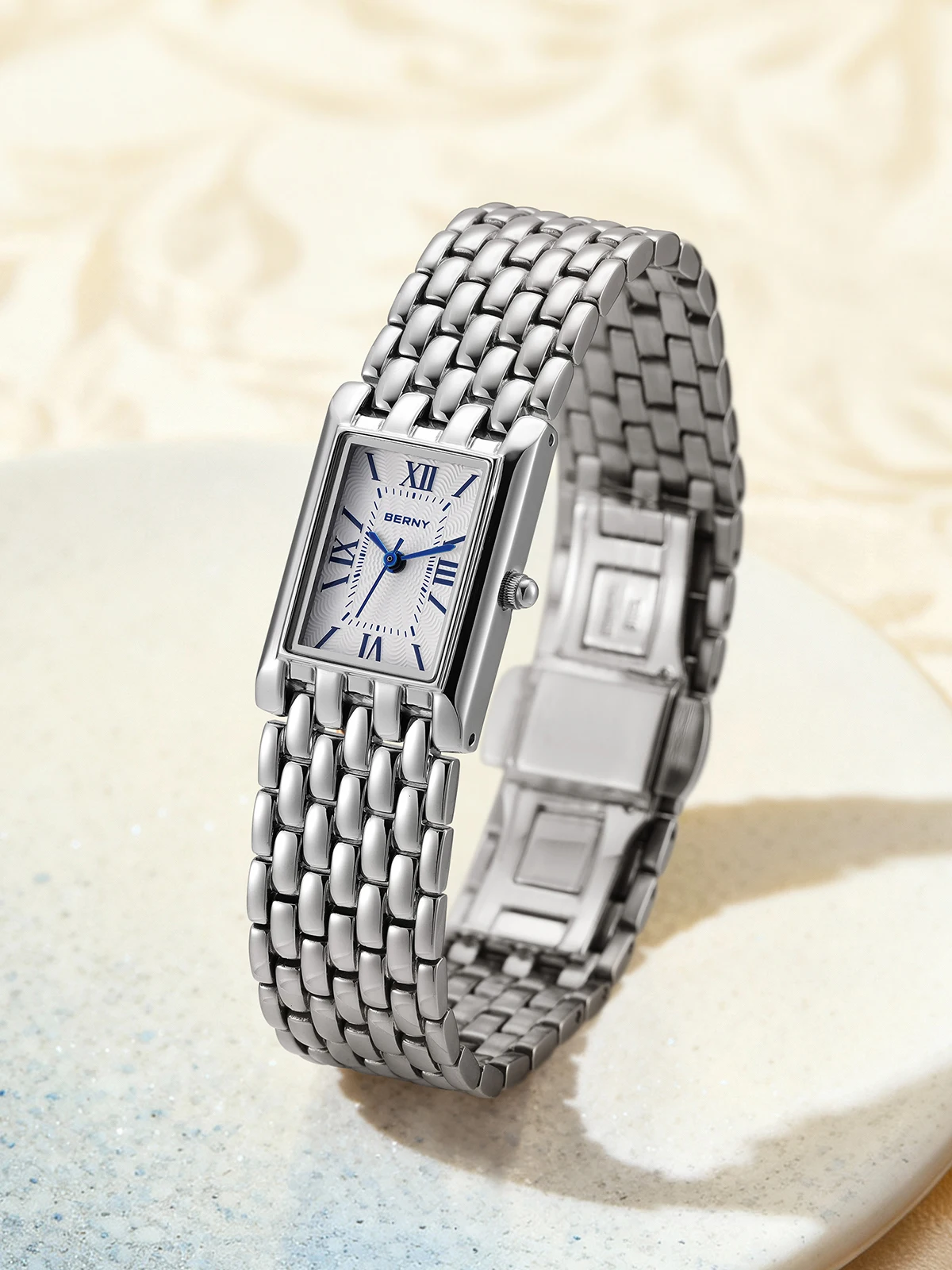 BERNY Uhren für Damen, modisch, luxuriös, rechteckig, lässig, Quarzuhr, massiver Edelstahl, wasserdicht, Mädchen-Armbanduhr – Detail 1