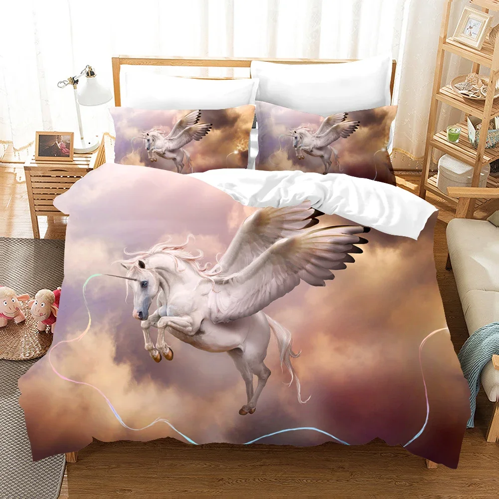 

Pink Duvet Cover Unicorn Fiction Horses Bedding Set Dream Flying Horse for Kid Cartoon Animal Duvet Cover for Bedroom Decoration