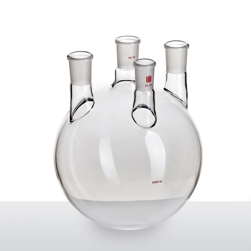 SYNTHWARE Thick walled straight four necked bottle, Four-necked flask straight shape, Capacity 5000mL, Borosilicate glass, F21