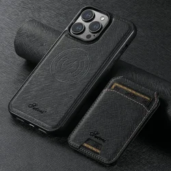 Premium Magnetic Wireless Charging Leather Phone Case with 2-in-1 Card Holder for iPhone 14 Plus (Black)