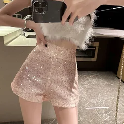Fashion Sequin High Waist Shorts Women 2023 New Casual Tight Fit Straight Short Pants Ladies Elegant Pink Club Wear Shorts Trend