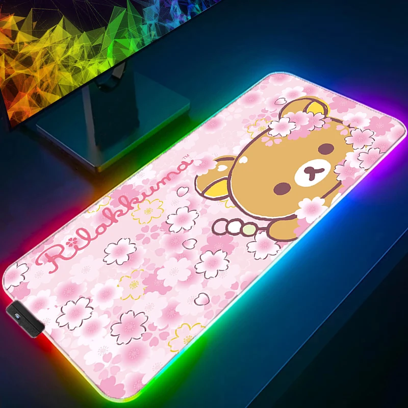 Pink Rilakkuma Anime RGB Kawaii Large Mouse Pad 900x400 Laptop LED Luminous Mouse Mat Rubber Office Desk Rug PC Desk Mat Carpet