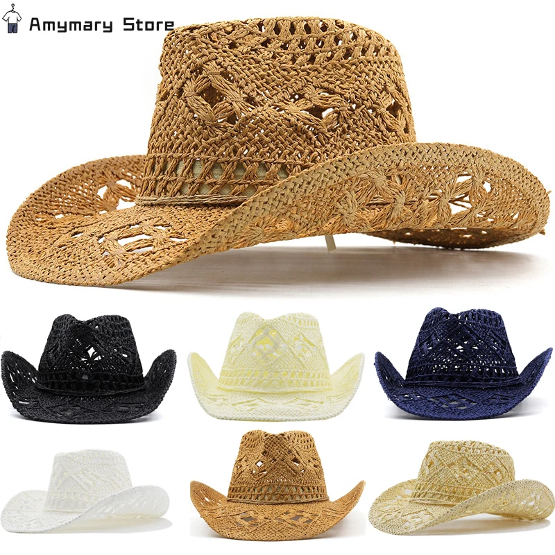 

New Hollowed Out Wide Brim Western Cowboy Hat Retro Hand-woven Natural Grass Breathable Sunscreen Jazz Hat Travel Beach Sun Hat