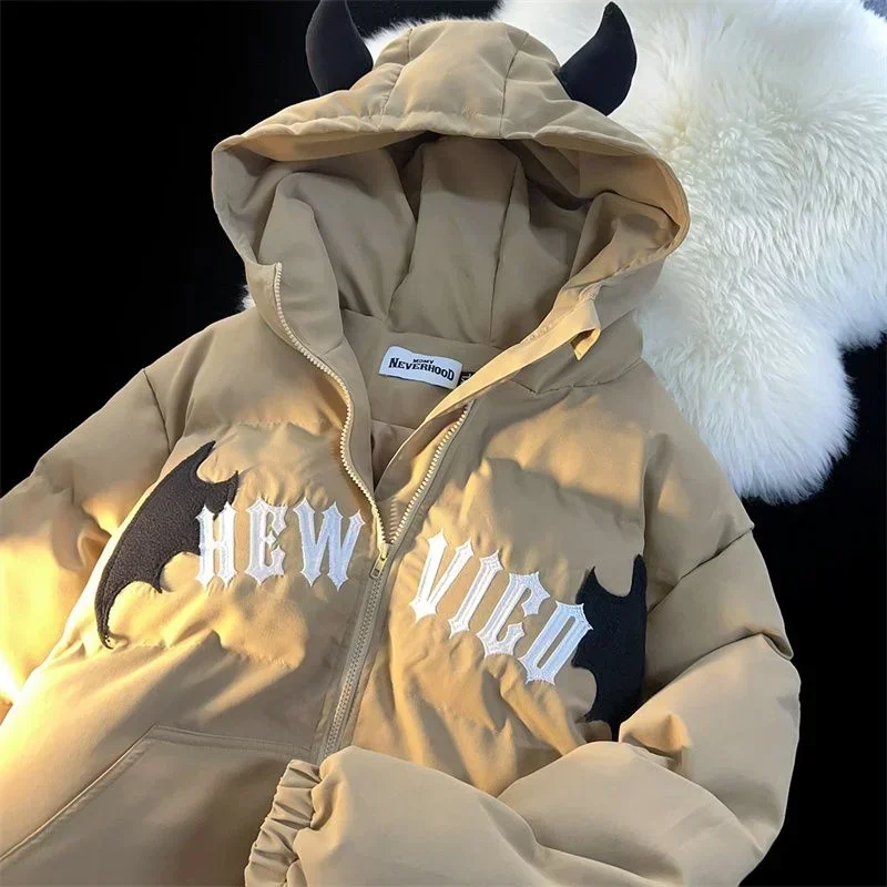 Winter New Cotton Jacket Devil Wing Embroidery Bread Jackets Men's Women's Vintage Harajuku Casual Loose Hooded Cotton-padded 5