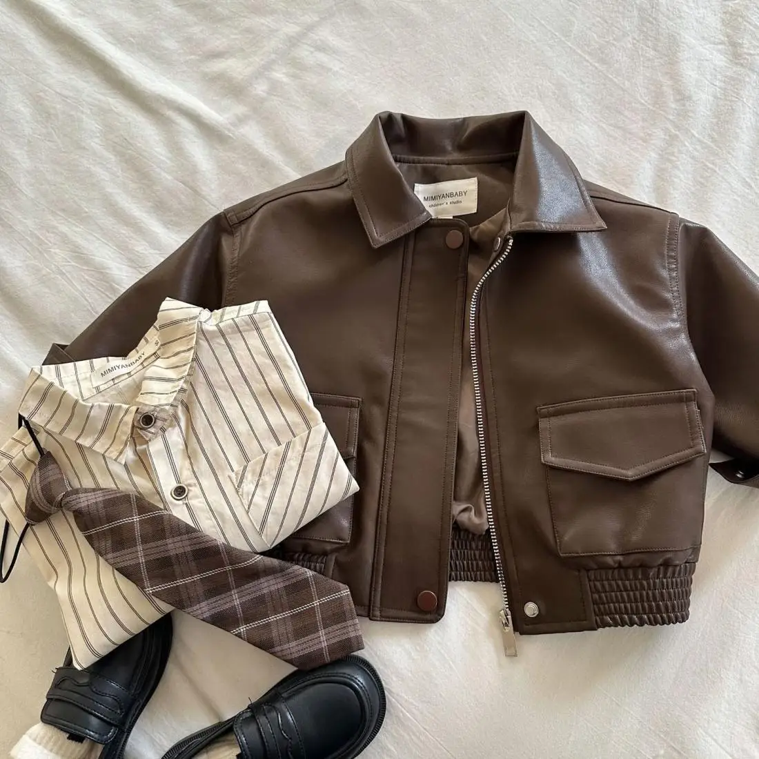 Brown PU Leather Toddler Jacket - Zipper Coat with Lapel Collar for 2-10Y