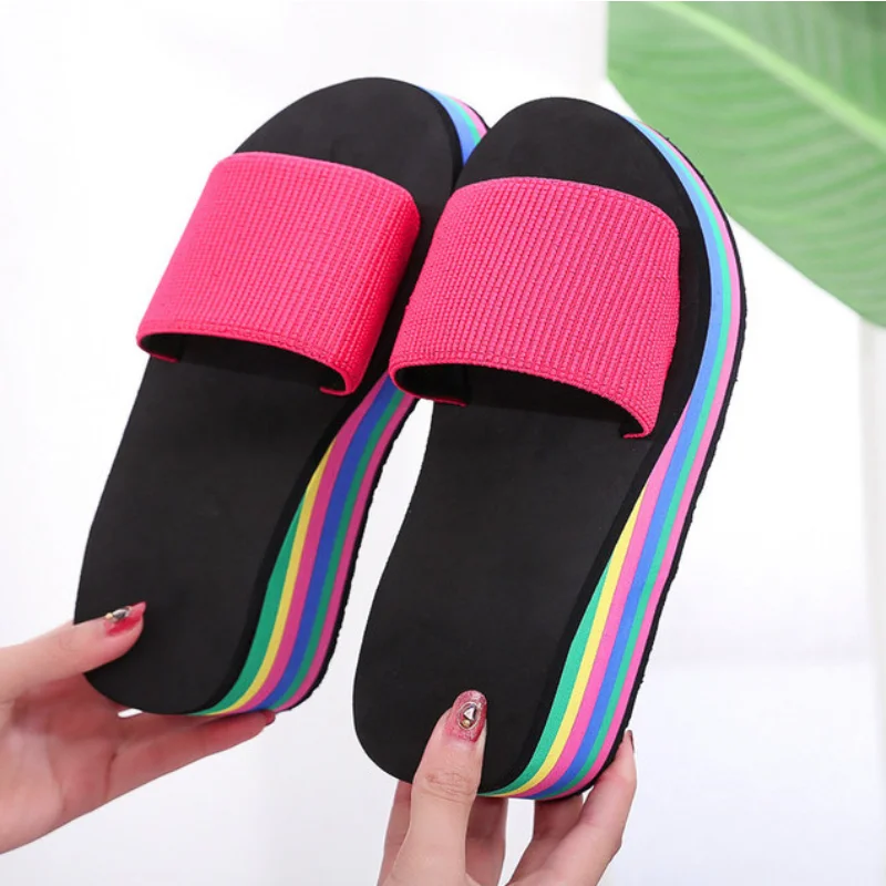 

Summer Slippers Womens Rainbow Thick Soled Sandals Colorful High Heels Outside Casual Beach Flip Flops female Chanclas Mujer EVA