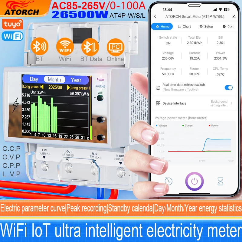 AC85-265V 100A Tuya WIFI Din Rail Smart Switch Remote Control Digital Power Energy Volt Amp Kwh Frequency Factor Meter
