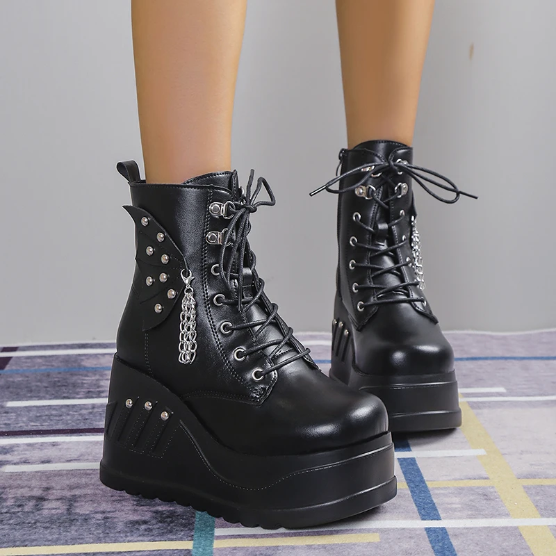 

2022 New Punk Goth Platform Motorcycle Boots Women Wedges Women's Boot Lace Up Trendy Hot Sale Casual Luxury Women's Shoes Botas