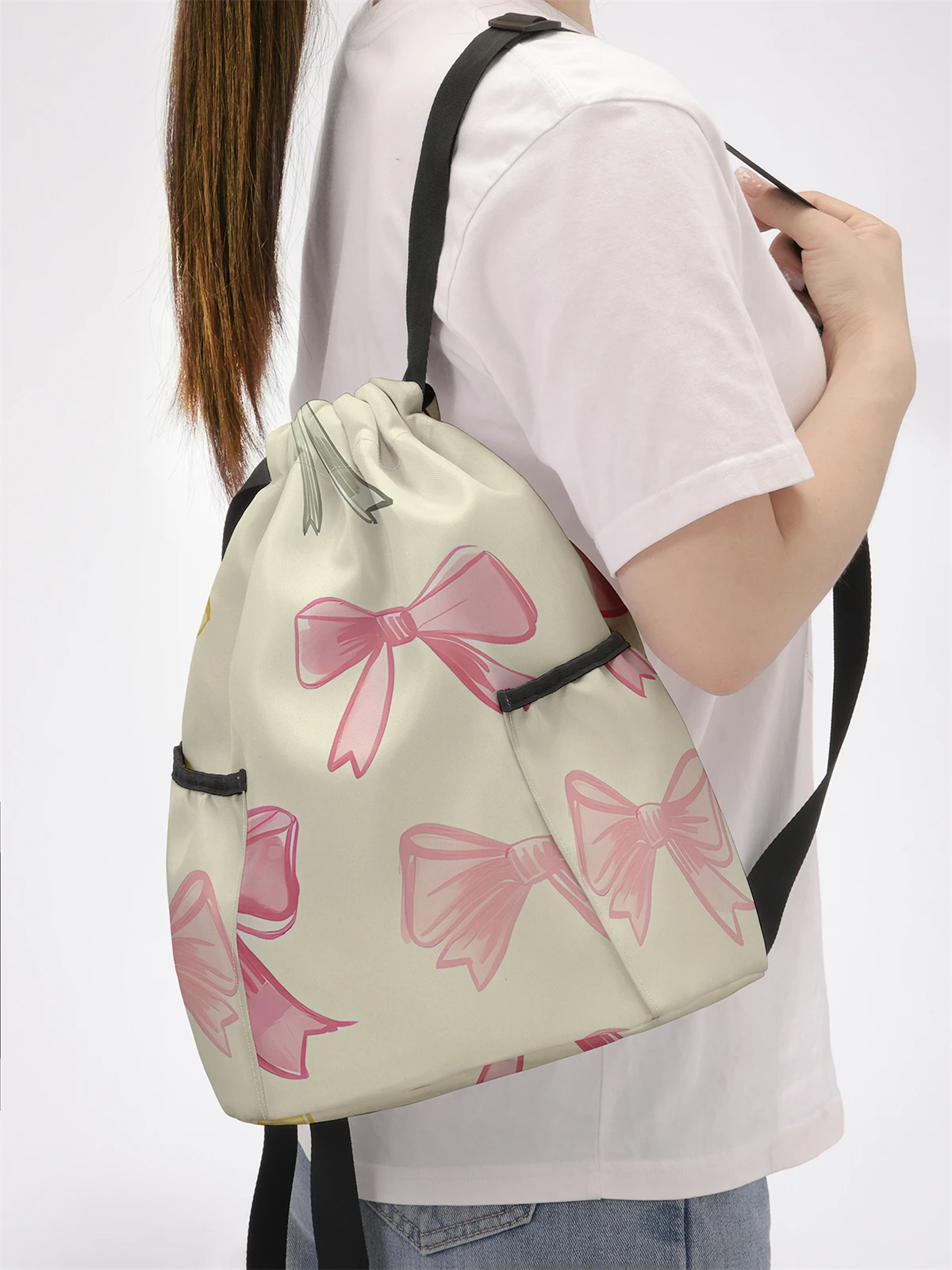 Bow Pattern Printed Drawstring Backpack - Large Capacity Durable Fitness Bag, Sports Beach Backpack