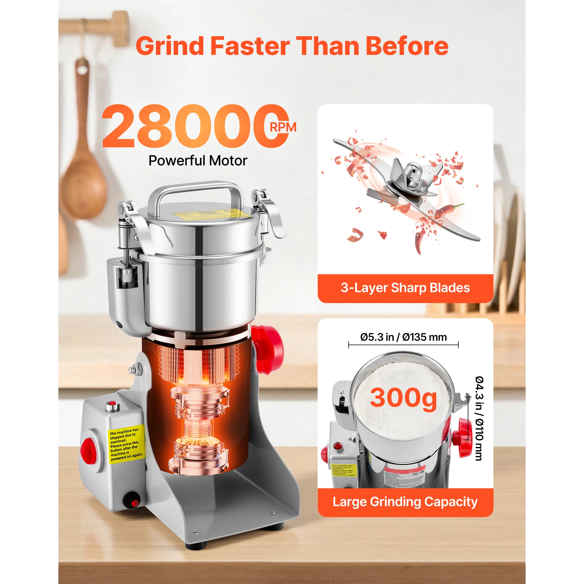 SucceBuy Electric Grain Mill Grinder 28000/32000RPM High Speed Stainless for Dried Grains Coffee Beans Spices 270° Swing Type 4