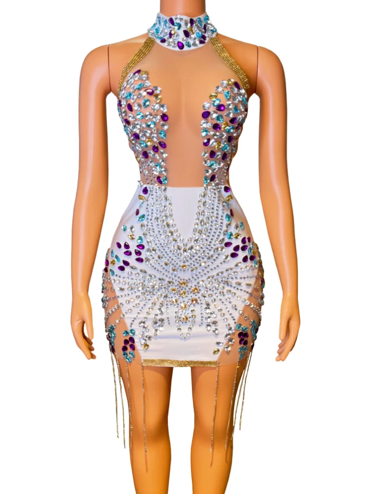 

New Tassel Shiny Rhinestone Skinny Sexy Short Skirt Party Evening Dresses Singer Performance Stage Wear Nightclub Dancer Costume