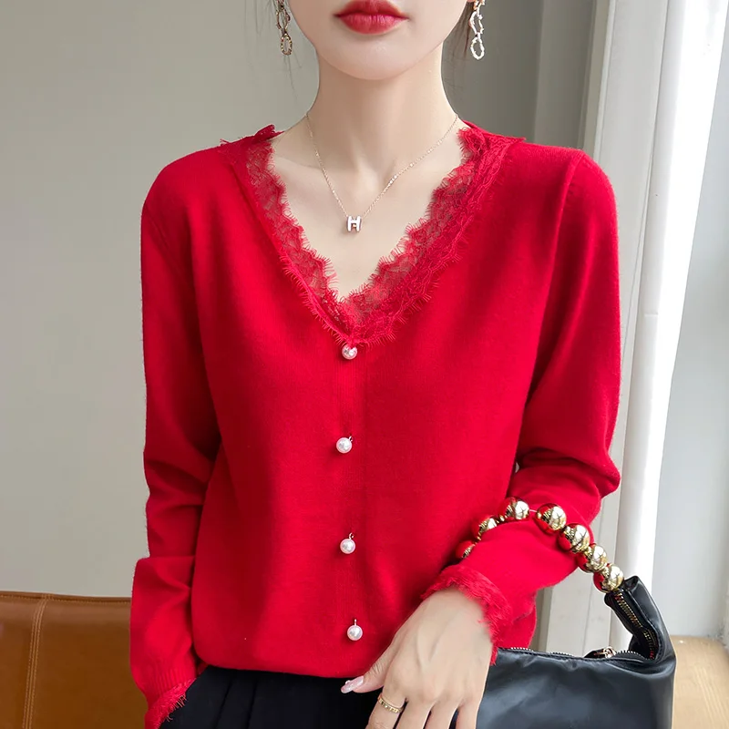 2024 Autumn And Winter New Cashmere sweater Women Pullover Lace edged Knitted Long Sleeve Soft Cashmere sweater Women 4