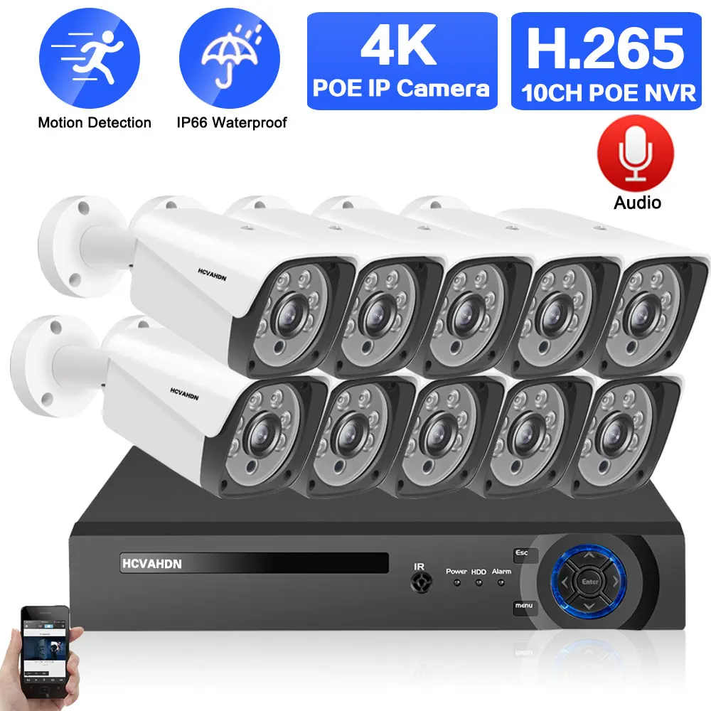

Система видеонаблюдения 4K POE, 8 каналов, 10 каналов, комплект сетевого видеорегистратора POE, наружная цилиндрическая IP-камера с записью звука, система видеонаблюдения, 4 канала