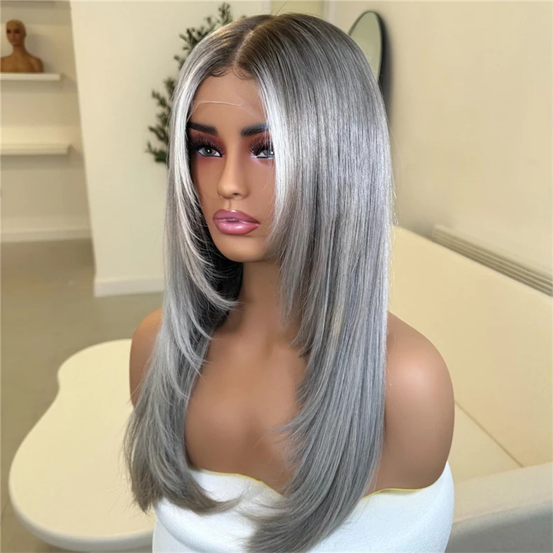 Dark Gray Wig Natural Layered Lace Frontal Wigs for Women HD Glueless Wig WEar and Go Cosplay Synthetic Premium Natural Skin