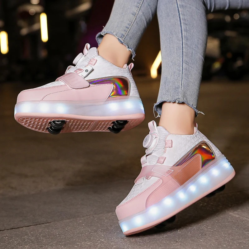 Trend Kids 4 Wheels Roller Skate Shoes for Boys Girls Swivel Buckle LED Light Luminous Sneakers Outdoor Children's Casual Shoe