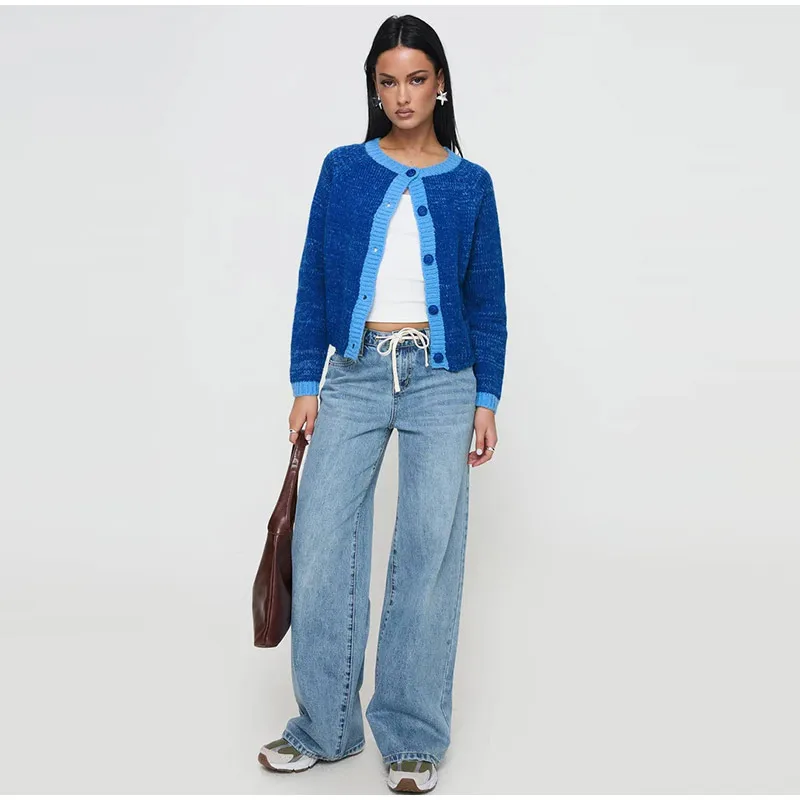 Casual Knitted Single-Breasted Cardigan Women Loose Contrast Color O-neck Pullover Sweaters Female Autumn Chic Street Tops