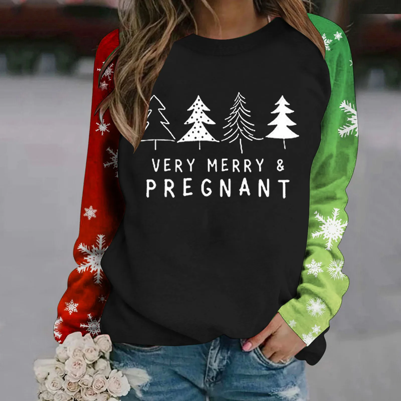 

Womens Autumn And Winter Fashion Christmas Tree Print Two Color Long European Style Workout