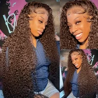 Perruque Lace Frontale HD Deep Wave en Cheveux Humains Chocolat Marron, Perruques Brésiliennes Remy en Cheveux Humains 13x4, Perruques Colorées Kinky Curly en Cheveux Humains 3