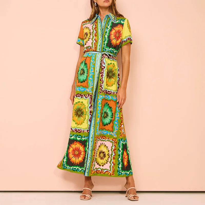 

Europe and America2024Cross-Border New Arrival Women's Stand-Alone Vacation Exaggerated Unique Printed Lace-up Button Maxi Dress