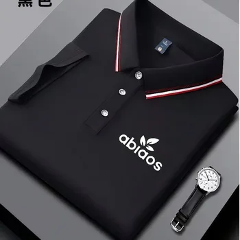 Polo Nera da Uomo con Stampa 'abiaos', Colletto a Righe, Top Traspirante Casual Business per l'Estate