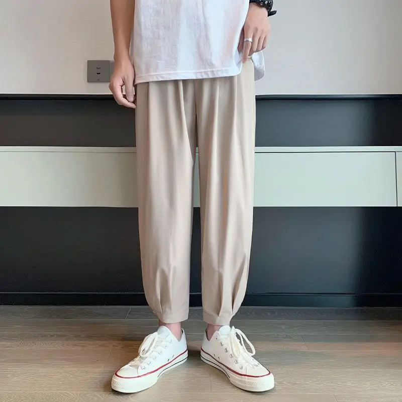 Spring Summer Fashion All Match High Waist Loose Men's Clothing Solid Color Tie Feet Slimming Pockets Solid Cotton Casual Pants