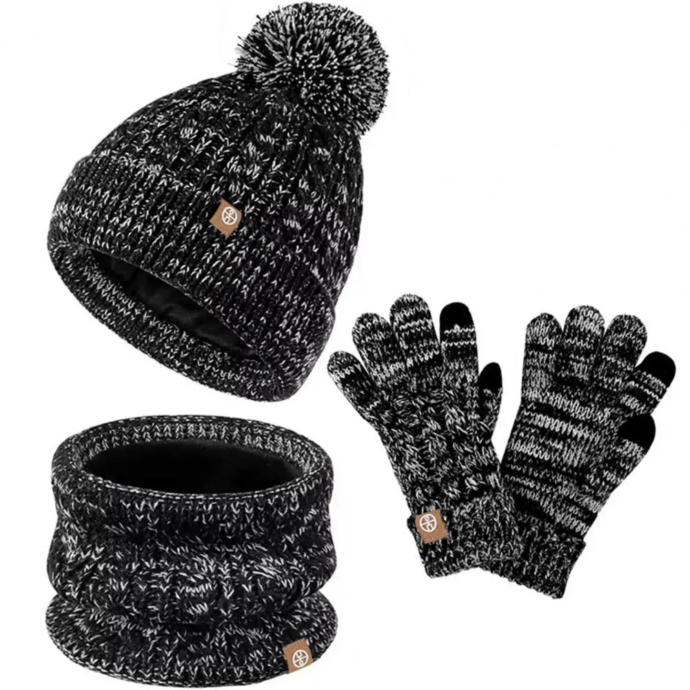 

Knitted Kids Hat Kids Winter Outdoor Windproof 3pcs Set Knitted Thickened Pompom Beanie Scarf Full Finger Gloves Kit for 5-12