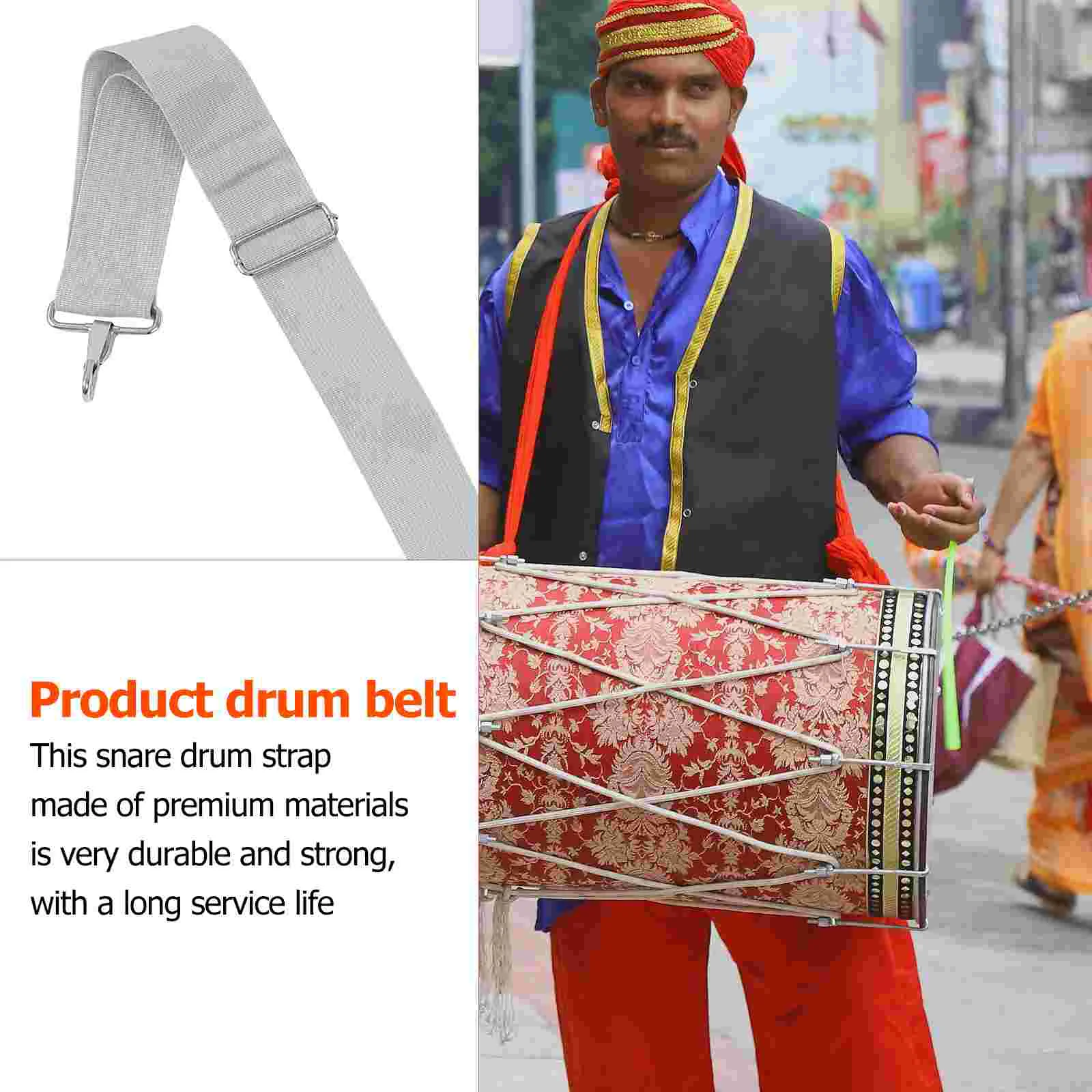 Adjustable Width Drum Strap for Snare Instrument Grey Polyester Hook Belt Replacement Accessory Comfortable Non Shoulder
