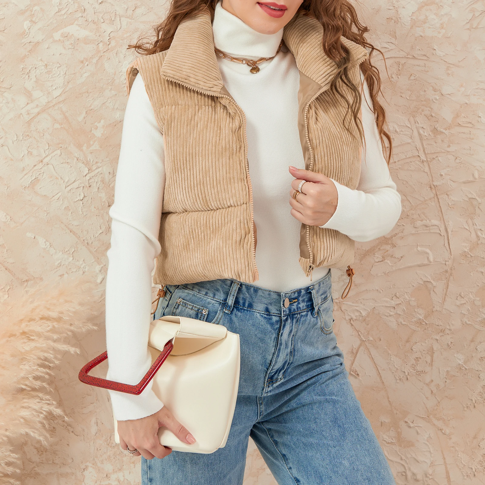 

Women's Corduroy Puffer Vest Solid Color Stand Collar Quilted Waistcoat Fall Winter Casual Outdoor Sleeveless Padded Jacket Coat