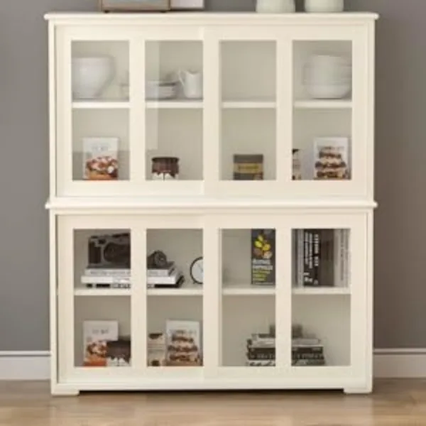 Kitchen Sideboard - Buffet Cabinet with Sliding Slat Doors, Modern Stackable Storage Cabinet