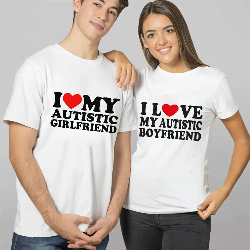 I Love My Autistic Boyfriend/Girlfriend Printed T-shirts for Men Women Couple Matching Clothes I Heart My Autistic BF/GF Tshirts