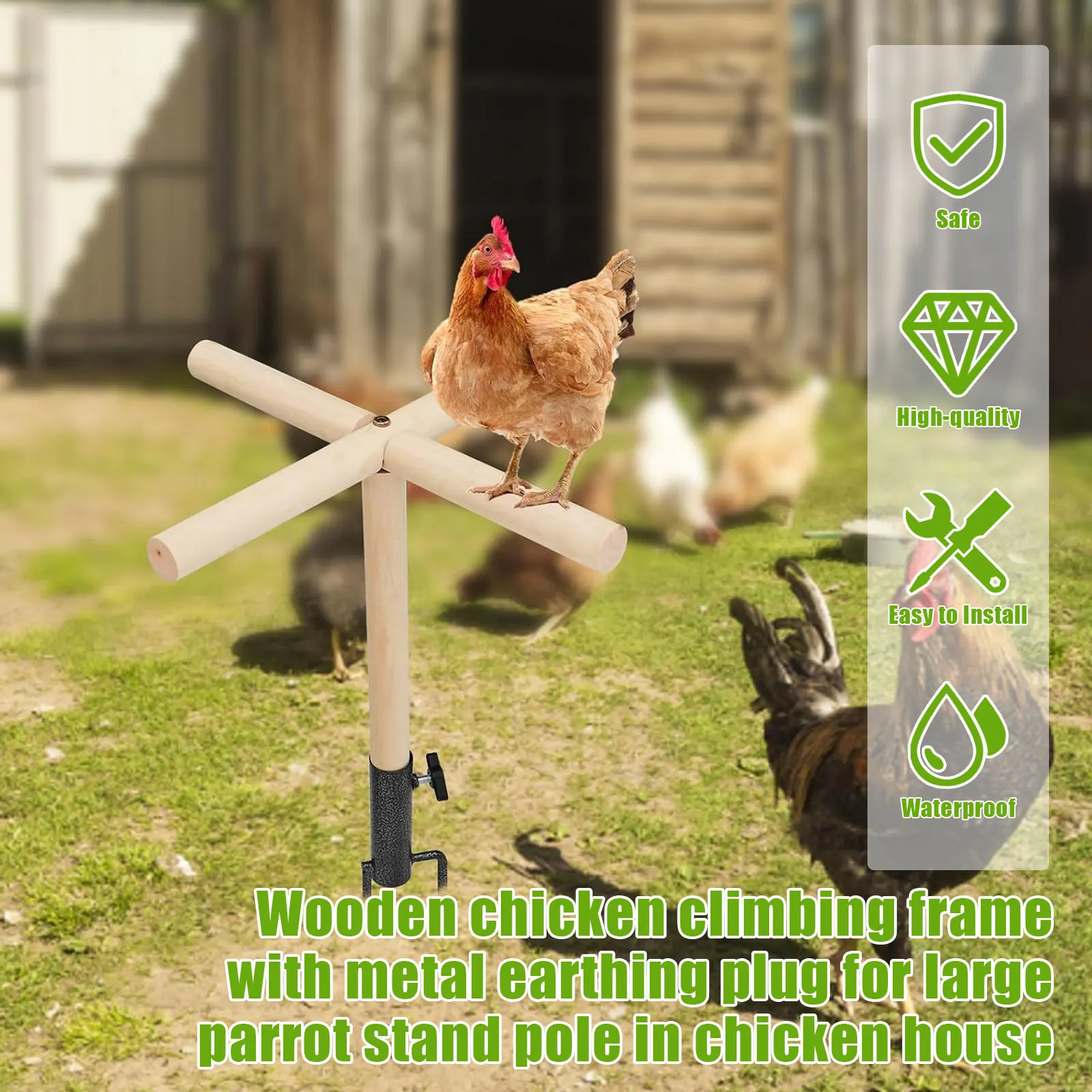 Wood Chicken Perch Outdoor Chicken Enrichment Toys with Metal Ground Plug Multifunctional Outdoor Bird Poultry Training Platform