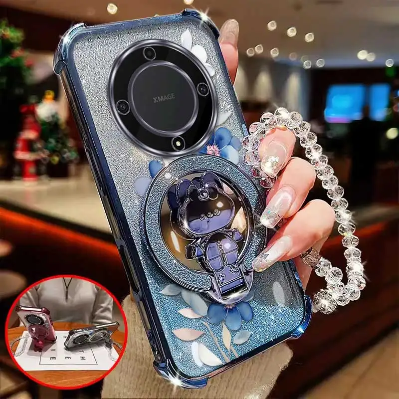 Stylish Floral Phone Accessory Set: Case, Lanyard & Circular Stand